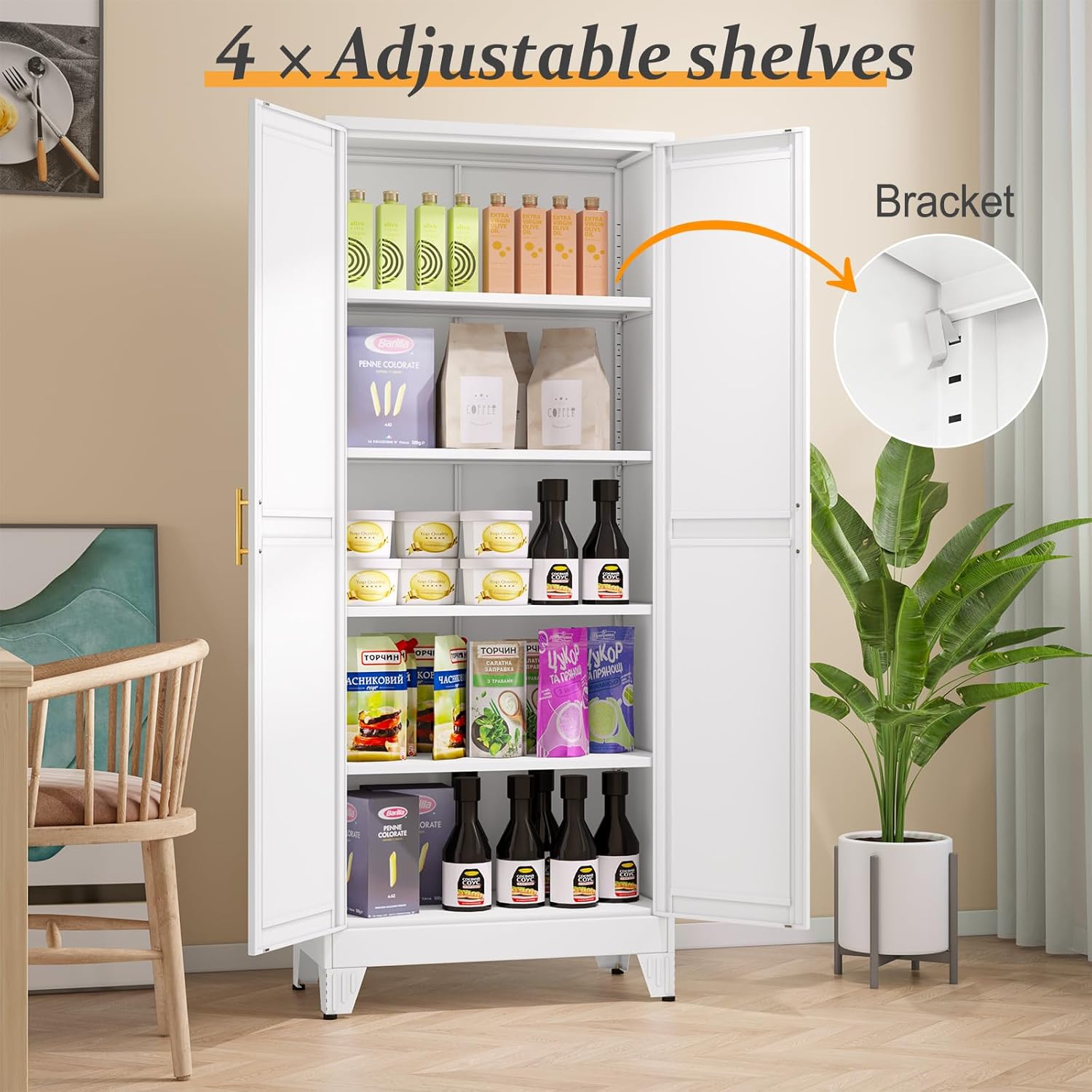 White Pantry Storage Cabinet,71" Kitchen Pantry with Doors and 4 Adjustable Shelves, Metal Storage Cabinet, for Office, Home, Garage, School