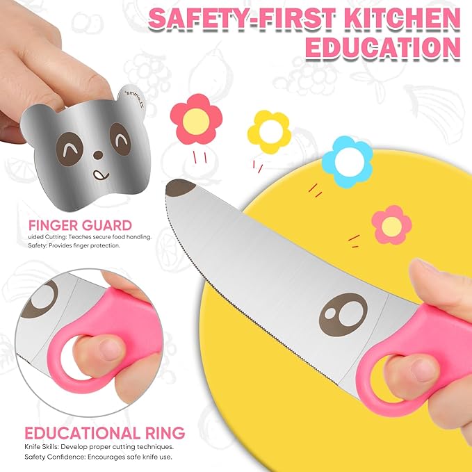 Kids Knife Set for Real Cooking with Educational Ring & Children Apron & Chef Hat- Children Training Knife Set-Pink