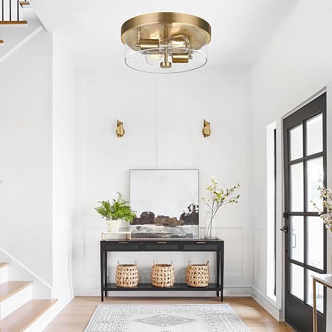 Flush Mount Ceiling Light Fixtures, 2-Light Brass Ceiling Mount for Farmhouse with Seeded Glass Lampshade, Industrial Hall Flush Mount Light Fixture for Hallway, Kitchen, Entryway, Bedroom and Foyer