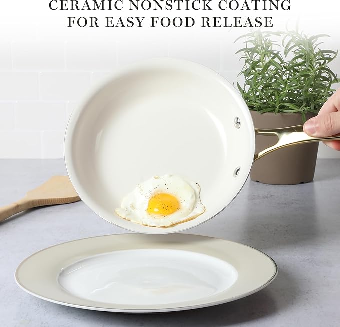 Martha Stewart Galway Premium Nonstick PFA Free Ceramic Interior 10 Piece Heavy Gauge Enamel Aluminum Pots and Pans Cookware Set W/Aluminum Lids - Black W/Gold Handle