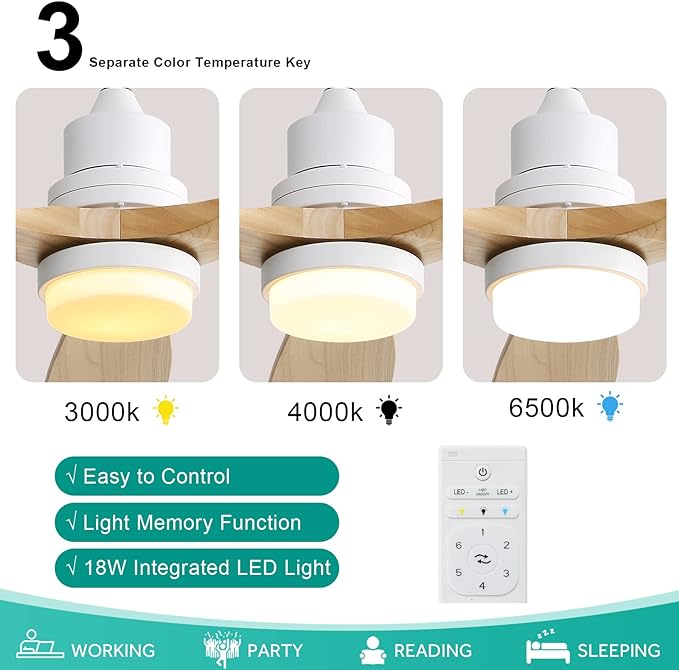 Sofucor 52" Ceiling Fan with Lights and Remote Control, Indoor Outdoor Mordern Wood Ceiling Fan with Reversible Quiet DC Motor, 6 Speed, 3 Downrods, for Farmhouse Bedroom Patio Balcony