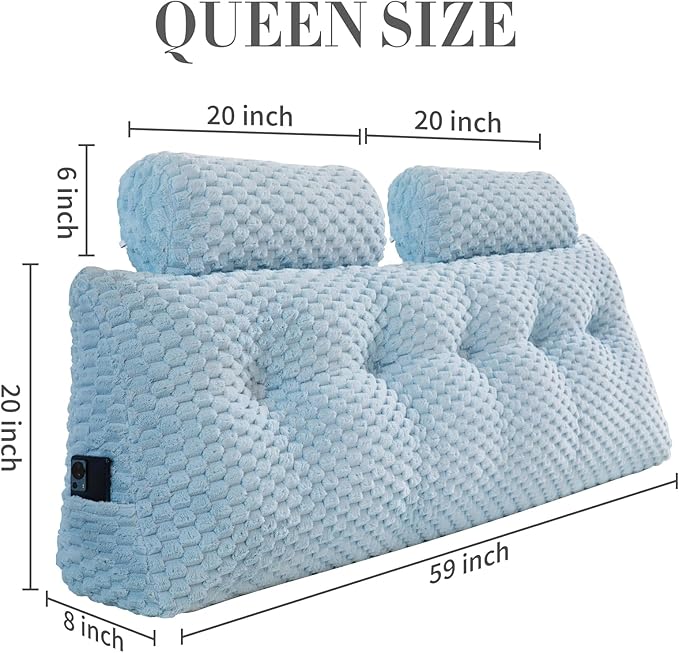 Wedge Headboard Pillow - Bed Wedge Pillow for Headboard Triangular Headboard Pillow with Neck Roll Pillow-Large Bolster Pillow for Sitting in Bed Backrest Positioning Support (Blue,59x8x20 Inches)