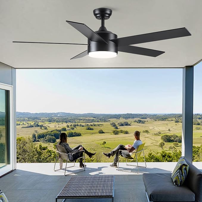 52 inch Black Ceiling Fans with Lights and Remote Control, LED Ceiling Fan Dimmable 3-Color Temperatures 6-Speed, Quiet Modern Ceiling Fan for Bedroom, Living Room, Dining Room