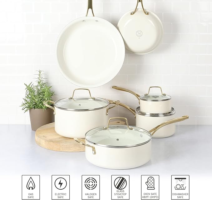 Martha Stewart Lockton Premium Nonstick PFA Free Ceramic Interior 10 Piece Heavy Gauge Enamel Aluminum Pots and Pans Cookware Set - Linen White w/Gold Handle