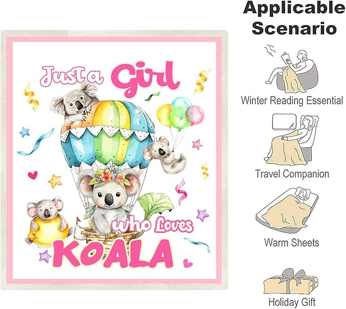 Just A Girl Who Love Koala Blanket Cute Funny Koala Decor Throw Blanket Gifts for Girls Boys Koala Lover Super Warm Soft Plush Bedding Blanket (KOALA,50"x 60")