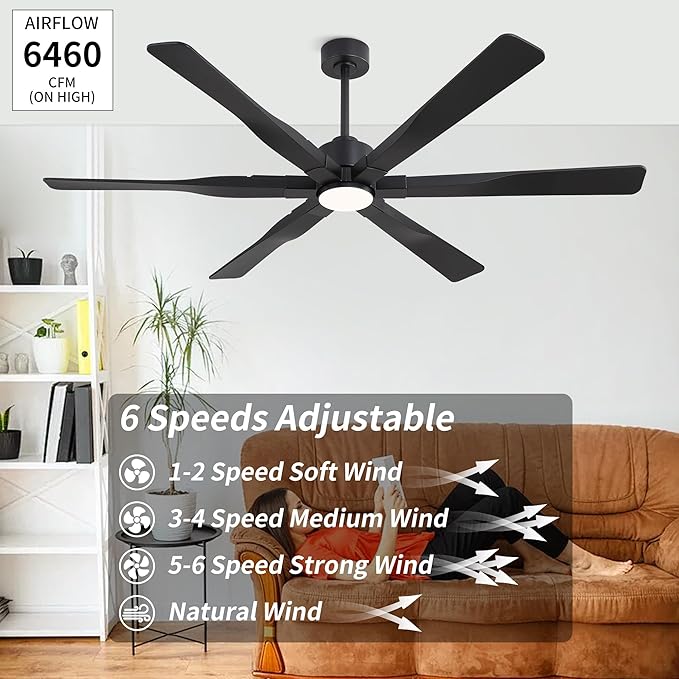 68 Inch Ceiling Fan with Lights and Remote Control, 6 Reversible ABS Blades, 6-Speed Noiseless DC Motor with 4.5" / 12" / 24" Downrods for Bedroom Dining Living Room, Black