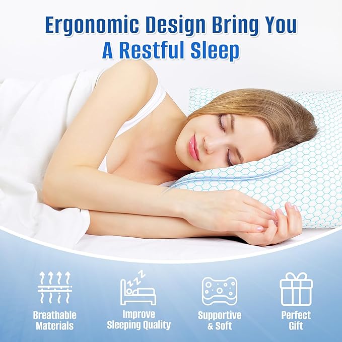 Shredded Memory Foam Pillow for Sleeping, Cooling Bed Pillows Set of 2, Adjustable Pillows for Side, Back, Stomach Sleepers with Washable Pillowcase (Standard Size, Blue)