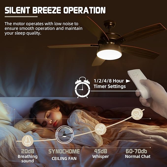 Ceiling Fans with Lights, 52 inch Ceiling Fan with Light and Remote Control, Reversible Flush Mount Ceiling Fan, Dimmable 5 Blades Low Profile Ceiling Fan for Living Room Bedroom