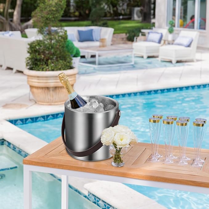 3L Large Ice Bucket with Lid, Ice Tong, Strainer & Leather Handle Keep Ice Frozen Longer Large Wine Ice Buckets for Parties,Cocktail Bar, Chilling Beer Champagne, Dark Brown Handle 3L