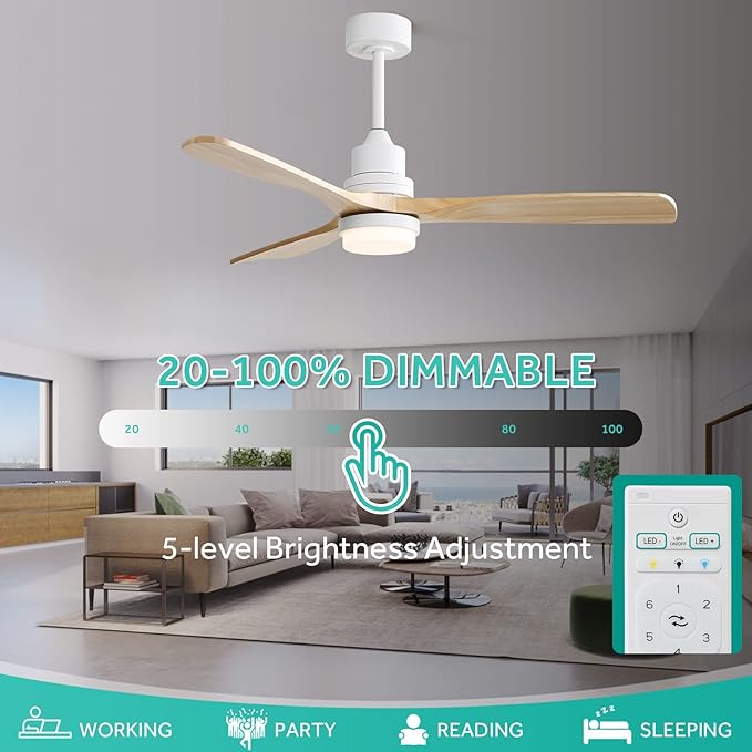 Sofucor 52" Ceiling Fan with Lights and Remote Control, Indoor Outdoor Mordern Wood Ceiling Fan with Reversible Quiet DC Motor, 6 Speed, 3 Downrods, for Farmhouse Bedroom Patio Balcony