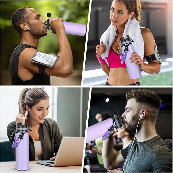 40 oz Insulated Water Bottle with Straw& Spout 2-in-1 Lid, Triple Wall Vacuum Stainless Steel Cold 48H, Leak Proof Sports Metal Flask Jug with Paracord Handle, Purple