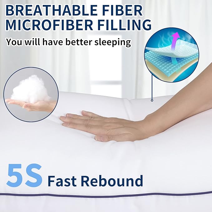 Hotel Quality Cooling Standard Size Bed Pillows Set of 4 - Soft, Firm, and Supportive Down Alternative Pillows for Back, Stomach, and Side Sleepers