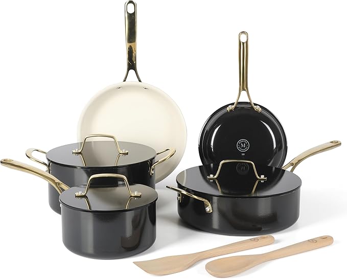 Martha Stewart Galway Premium Nonstick PFA Free Ceramic Interior 10 Piece Heavy Gauge Enamel Aluminum Pots and Pans Cookware Set W/Aluminum Lids - Black W/Gold Handle