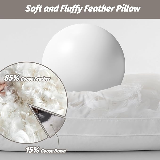 Feather Pillows Standard Size Set of 2,100% Cotton Shell Goose Down Pillow,Feather Down Bed Pillow, White Hotel Pillow (Standard)