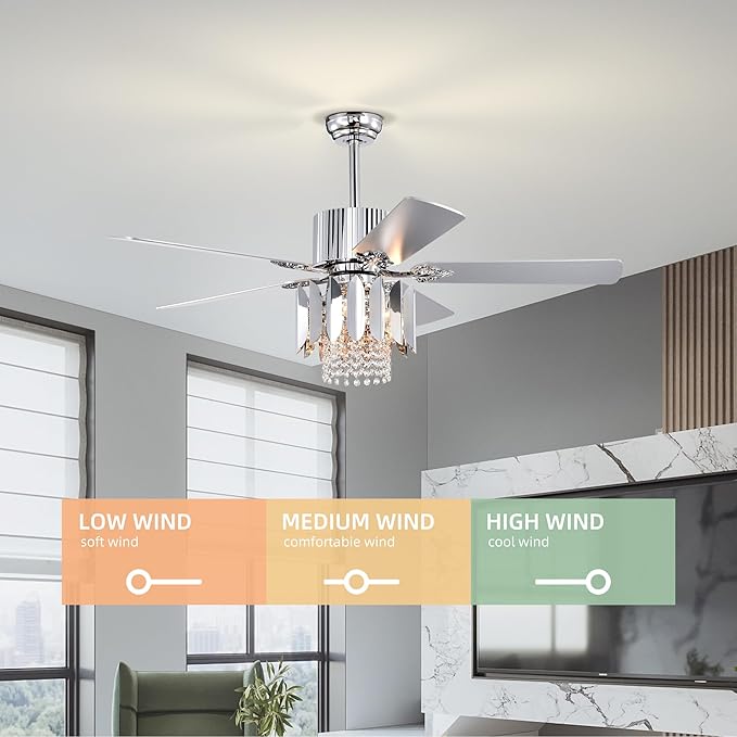 NicBex Ceiling Fan 52 Inch Ceiling Fan with Lights Ceiling Fans with 5 Reversible Blades and Remote Control Ceiling Fan with Crystal Lamp Shade for Bedroom, Living Room, Silver
