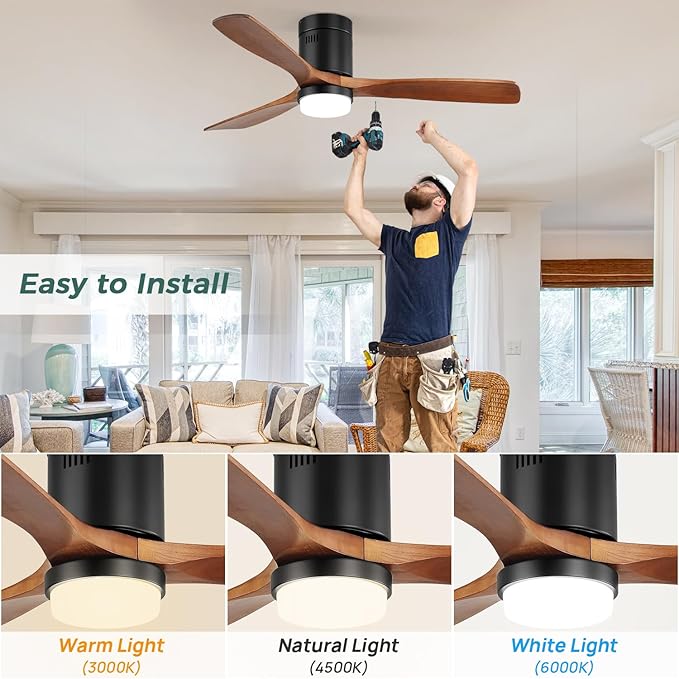Sofucor 52 inch Ceiling Fan with Lights and Remote Control, Flush Mount Wood Ceiling Fan with Quiet Energy Saving DC Motor, for Living Room, Bedroom and Covered Outdoor