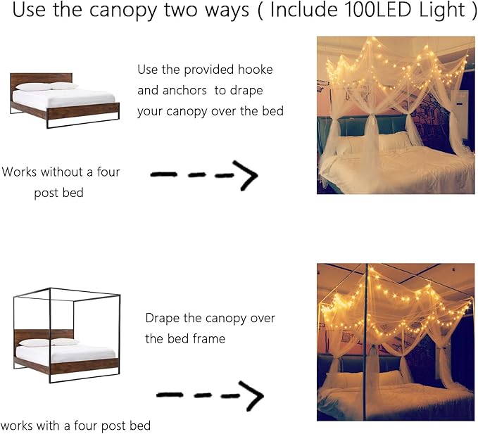 8 Corner Bed Canopy with 100 LED Star String Lights Battery Operated, Bed Netting Unique Style 4 Door Square Canopy Bed Curtains Canopy - Suggested for Twin Full Queen King Bed