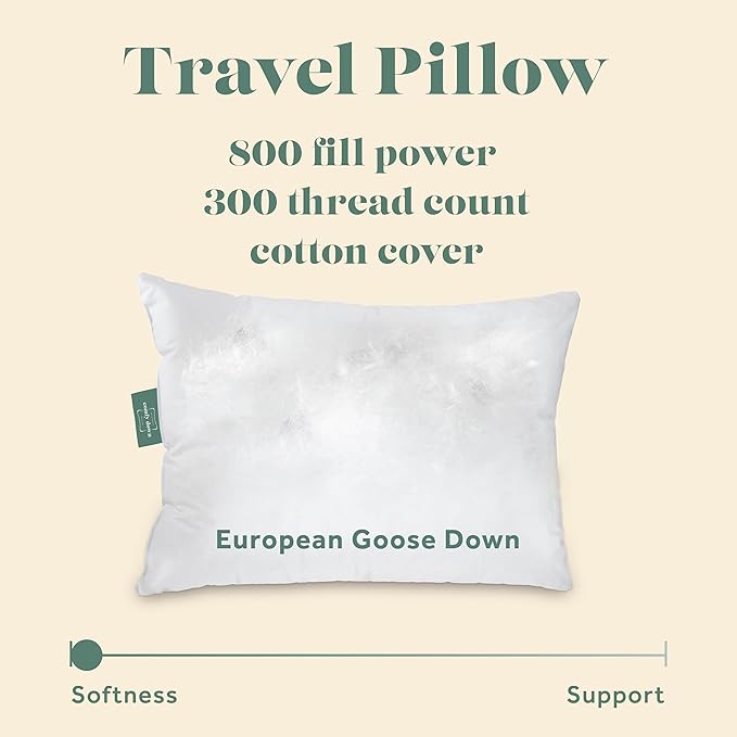 Goose Down Travel Pillow - Filled with 800 Fill Power European Goose Down, Egyptian 300 Thread Count 100% Cotton Cover for Plane car & Home - Made in USA (13" x 18")