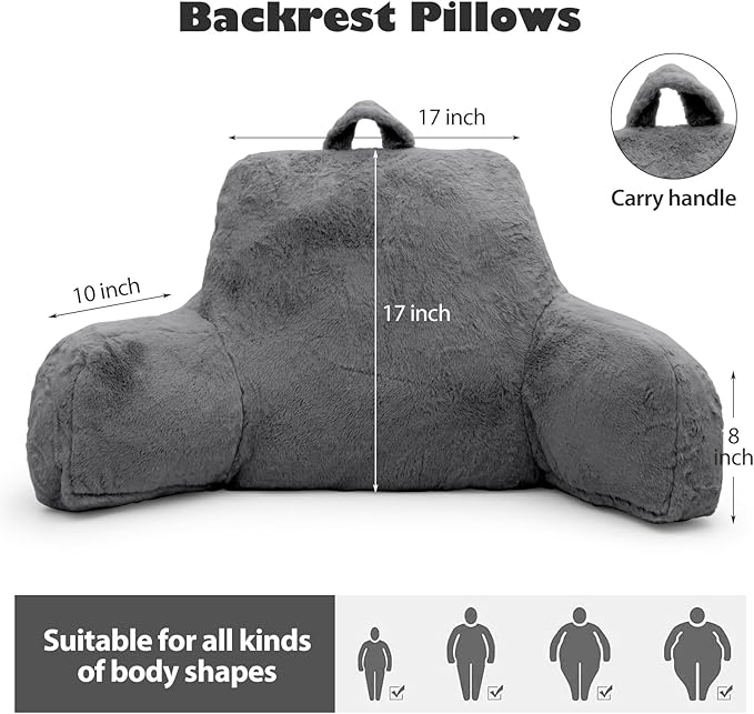 Reading Pillow for Sitting in Bed Adult, Standard Reading Pillow with Memory Foam, Back Pillow for Bed Sitting Up with Extend Arms, Bed Reading Pillow, Grey