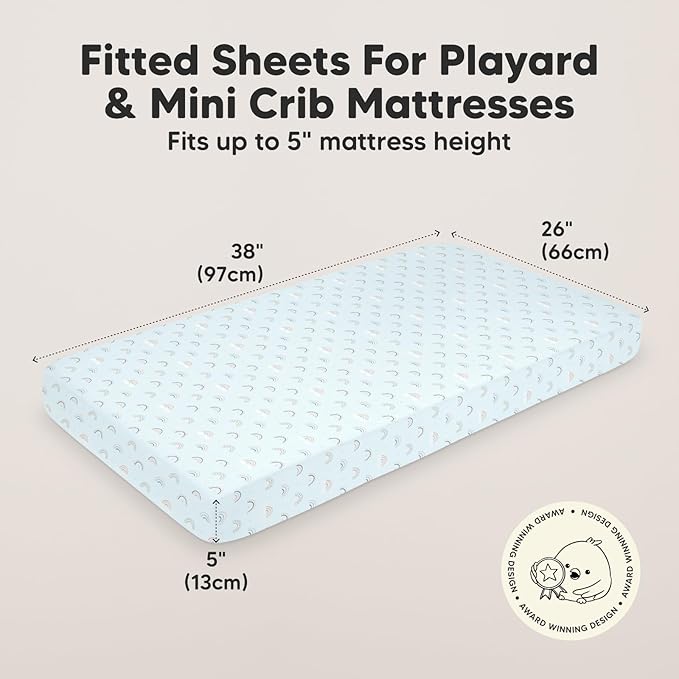 2-Pack Mini Crib Sheets Fitted, Pack and Play Sheets - Organic Cotton Pack N Play Sheets for Pack and Play Mattress, Playard Baby Crib Sheets, Jersey Crib Sheets Neutral for Boys (Jolly Rainbow)