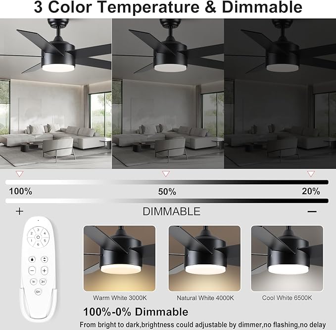 52 inch Black Ceiling Fans with Lights and Remote Control, LED Ceiling Fan Dimmable 3-Color Temperatures 6-Speed, Quiet Modern Ceiling Fan for Bedroom, Living Room, Dining Room
