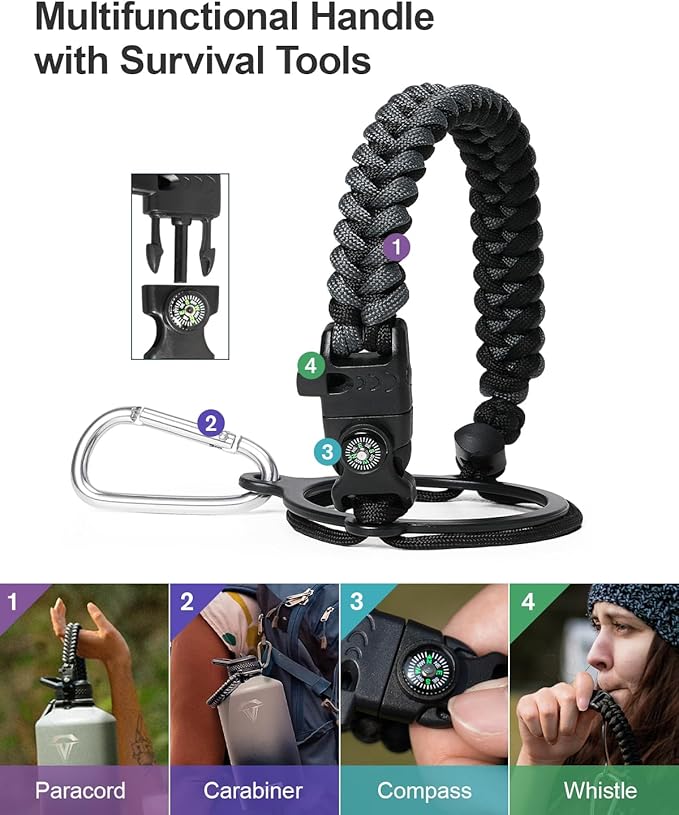 128 oz Insulated Water Bottle,One Gallon Water Flask Stainless Steel Vacuum, Cold for 48 Hrs,BPA-Free & Leakproof -with Paracord Handle, Strap,Straw Spout Lids,Large Jug for Gym,Grey