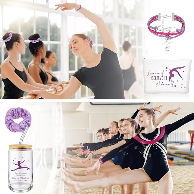 4 Pcs Gymnastics Gifts Gymnastics Glass Cup 16oz Inspirational Gymnastics Water Bottles Makeup Bag Bracelet Elastic Scrunchies for Girls Gymnastics Lovers Back to School