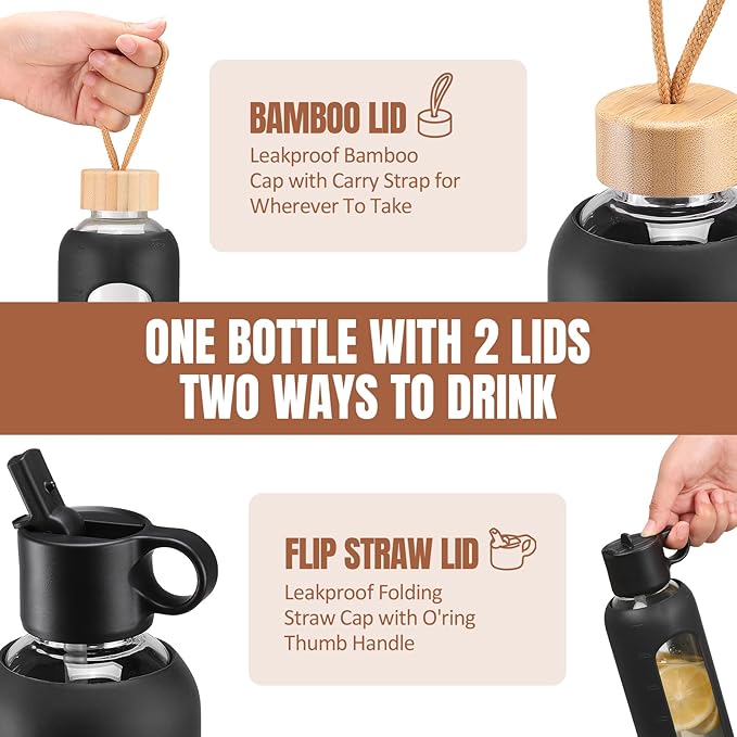 24oz Glass Water Bottle With 2 Lids-Flip Straw Lid, Bamboo Lid, Glass Water Bottle With Silicone Sleeve, Motivational Time Marker, Glass Juice Bottle for Cold Drink,Black