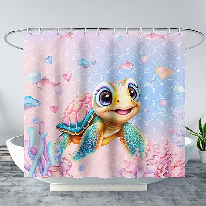 AILONEN Kawaii Sea Turtle Shower Curtain,Tie Die Turtle Bath Curtain Cloth Fabric Bathroom 72" W*84" H Inch,12 Pack Hooks for Kids Child,Watercolor Scale Bathroom Curtain