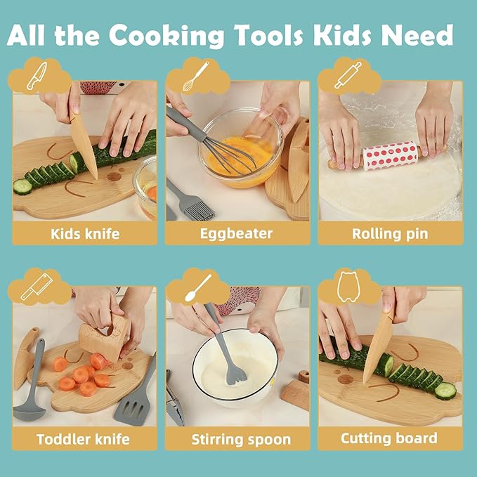 Kids Knife Set for Real Cooking and Baking, 12 PCS Toddler Montessori Kitchen Tools, Toddler Knife Set for Kids Little Chefs