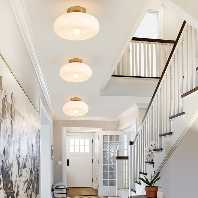 Mid-Century Modern Gold Semi Flush Mount Ceiling Light, Kitchen Ceiling Light Fixture with Glass Shade, Vintage White Close to Ceiling Lamp for Entryway Hallway Bathroom (11.0 Inch)