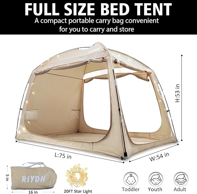 Bed Tent Bed Canopy Full Size for Adult and Kids - Portable Sleeping Tents Indoor Dream Tents 70% Blackout with String Light 3 Doors Breathable Privacy Space Tents
