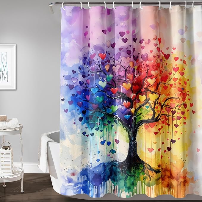 AILONEN Tree of Life Shower Curtain for Bathroom,Watercolor Hearts Tree Printed Waterproof Bath Curtain,Colorful Tree Leaves of Life Abstract Boho Shower Curtain 72" W x 78" H
