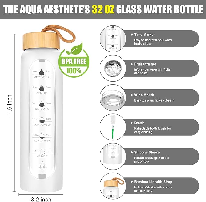 32 Oz Borosilicate Glass Water Bottle with Times to Drink | BPA Free - Reusable Wide Mouth Glass Motivational Water Bottles with Infuser & Silicone Sleeve (white)