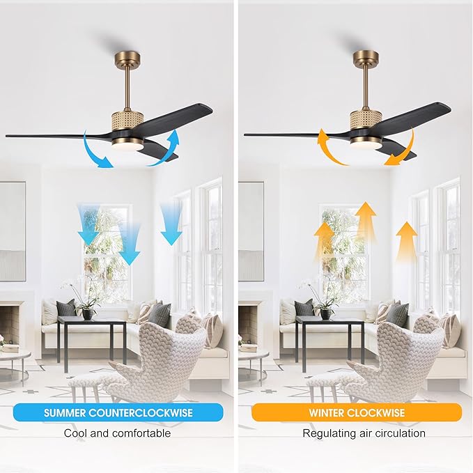 52" Ceiling Fan with Light and Remote, 3 Solid Wood Blades, Noiseless Reversible DC Motor Ceiling Fan with 4.5"/12" Downrods for Bedroom/Living Room/Porch (Gold/Black)
