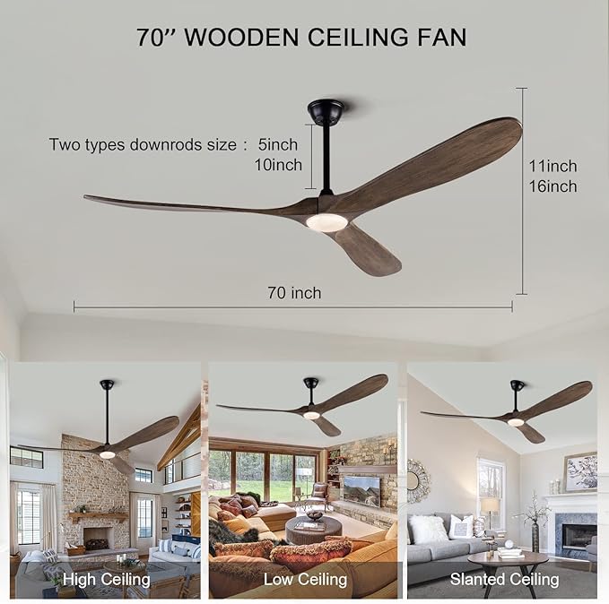 BOJUE Ceiling Fans with Lights 72 Inch Indoor Outdoor Ceiling Fan,Wood Ceiling Fan with Remote Control & 3 Wood Blades for Patio Living Room Bedroom (Aged Pewter-light Grey Weathered Oak Blades)
