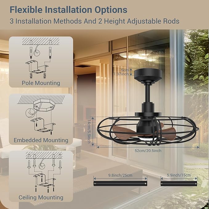 NACATIN Outdoor Ceiling Fan with Lights, Remote, App & Wall Switch Control, 20in RGB Ceiling Fans with Lights and Remote, 3 Color Temperatures: Perfect for Patios, Gazebos, & Bedrooms, Black