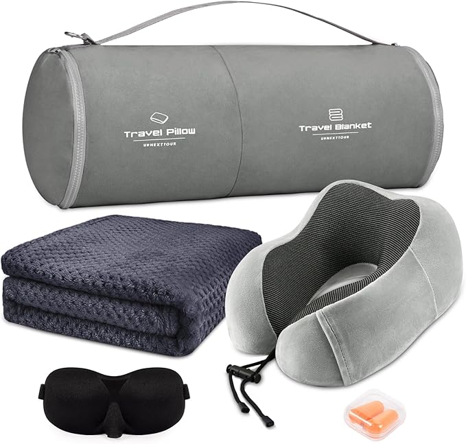 Travel Pillow and Blanket Set Neck Pillows Soft Blankets with Sleep Mask Travel Essentials for Airplane Car Memory Foam Grey