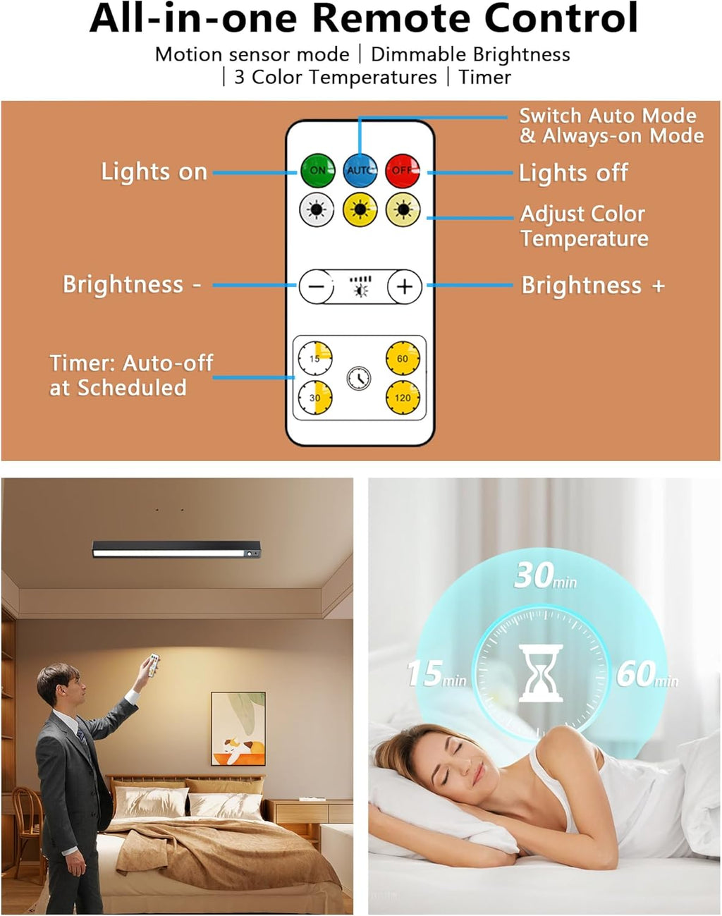 Rechargeable Motion Sensor Ceiling Light, Full Metal Battery Powered LED Closet Light, 3 Color 500LM Dimmable with Remote & Timer, Magnetic Cordless Mount for Shower, Hallway, Garage, Pantry -Black