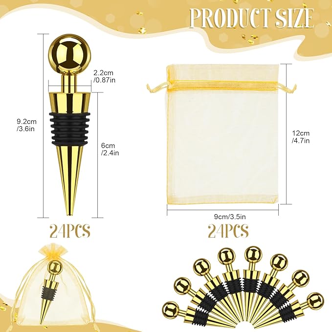 48 Pcs Gold Wine Stoppers Bulk Wine Saver Wedding Party Gifts Favors for Guests Stainless Steel Bottle Stopper Wine Corks Beverage Vacuum Silicone Stopper with Sheer Bags for Wedding Bar