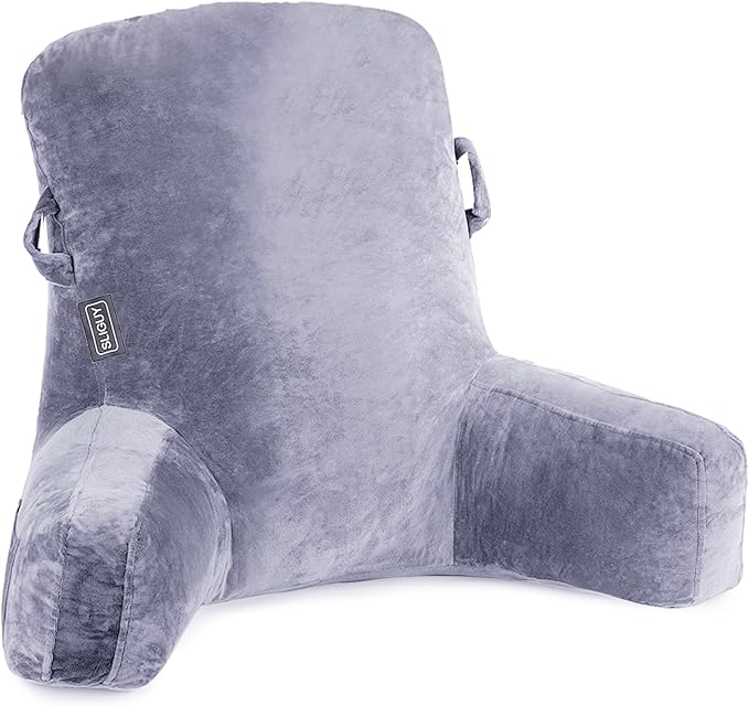 SLIGUY Reading Pillow Standard Bed Pillow for Sitting in Bed Couch or Floor-Backrest with Arms Support and Pockets, Adult Back Pillow Bed Chair for Bed Rest, Reading, Watching TV,Gaming, Grey