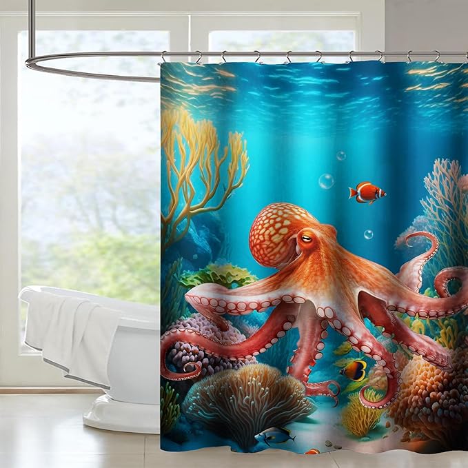 AILONEN Kawaii Octopus Shower Curtain,3D Octopus Turquoise Themed Bath Curtain Cloth Fabric Bathroom 72" W*84" H Inch,12 Pack Hooks for Kids Child,Boho Mandala Ocean Theme Bathroom Curtain