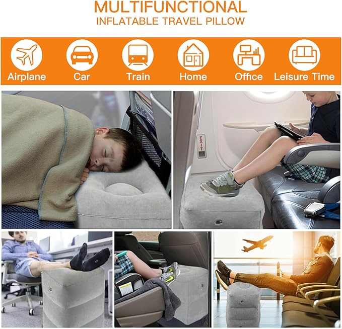 Inflatable Foot Rest Airplane - Adjustable Air Travel Bed for Kids with Pump - Plane Leg Rest Pillow for Adults - Perfect for Long Flights, Cars, Trains, and Home - Light Gray, 1 Pack