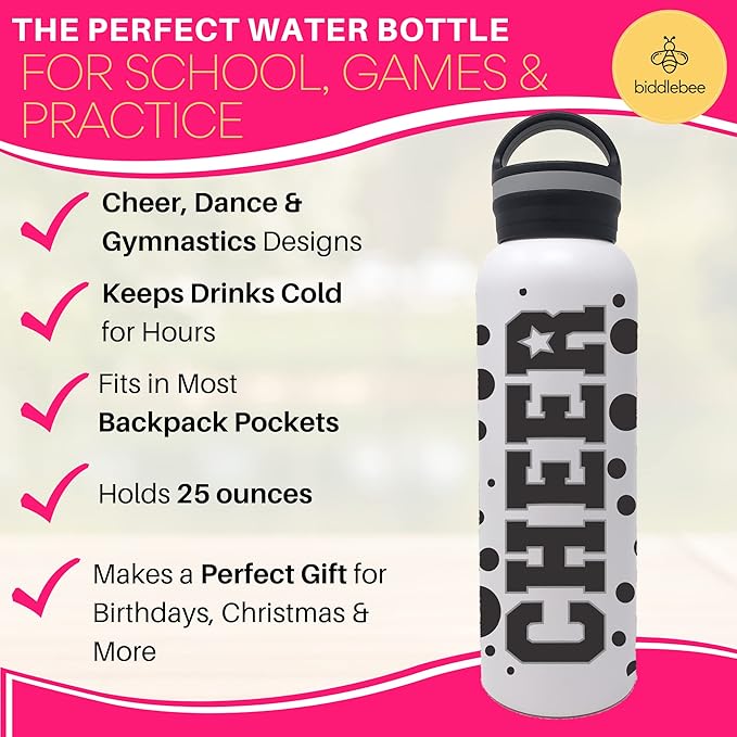 25 oz. Cheer Dance & Gymnastics Stainless Steel Water Bottle - Perfect Gifts for Cheerleaders, Dancers, Gymnasts & Coaches (Cheer Black)