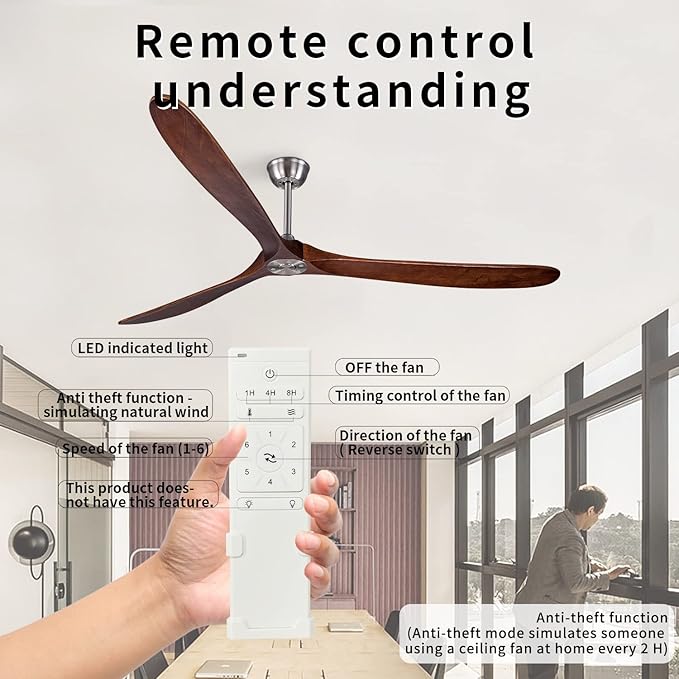 Bigzone 88" Indoor ceiling fan with Remote Control, DC Motor Quiet Energy Saving,3 Brown Balsa Wood Blades,Outdoor/Indoor Ceiling Fan, Metal Brushed Nickel