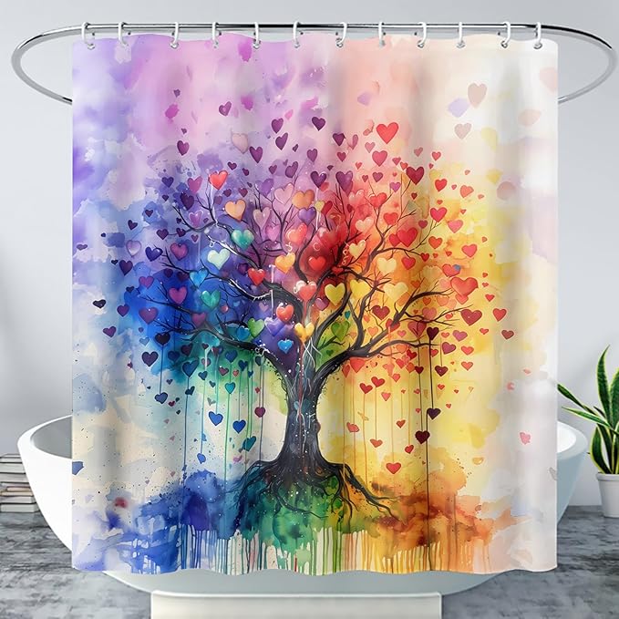 AILONEN Tree of Life Shower Curtain for Bathroom,Watercolor Hearts Tree Printed Waterproof Bath Curtain,Colorful Tree Leaves of Life Abstract Boho Shower Curtain 60" W x 72" H