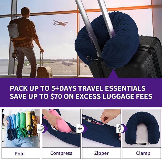 Stuffable Travel Pillow for Extra Luggage, Travel Neck Pillow Stuffable with Clothes, Stuffable Neck Pillow for Travel, Velvet Travel Neck Pillow Storage Bag, Fillable Luggage Pillow (Dark Blue)