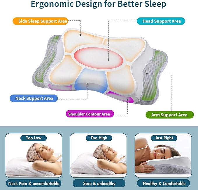 Cervical Pillow for Neck Pain Relief, Ergonomic Memory Foam Pillows with Cooling Pillowcase, Orthopedic Bed Pillow for Sleeping, Contour Neck Support Pillow for Side Back Stomach Sleeper
