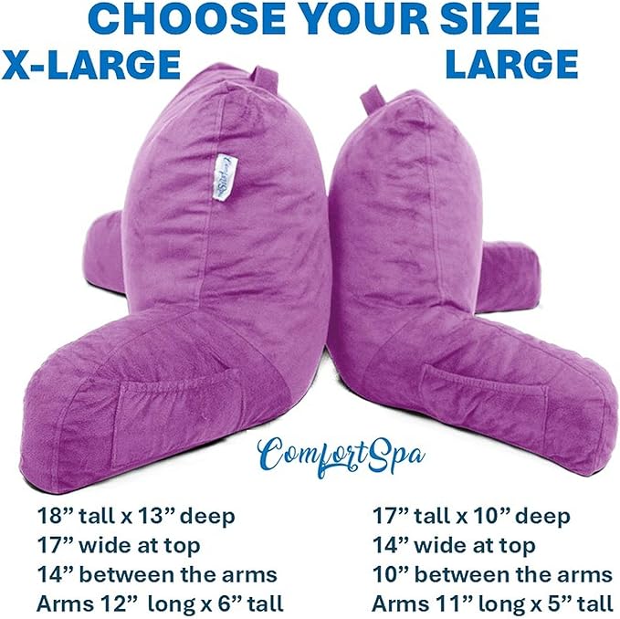 ComfortSpa Reading Pillow for Bed Adult Size, Back Rest Pillow with Arms, Pockets, Washable Cover; Use as Back Pillow for Bed Sitting Up for Bedrest or Relief from GERD Heartburn (Large Lavender)