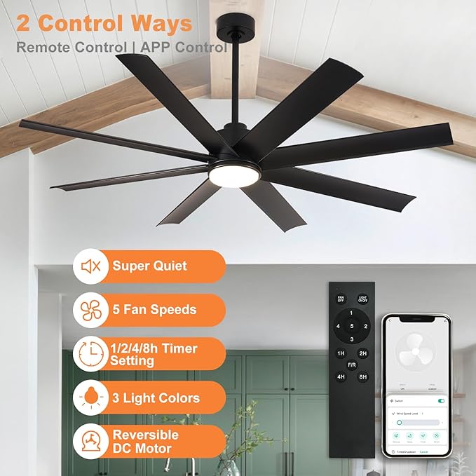 Depuley 60" Indoor or Covered Outdoor Ceiling Fans, Industrial DC Motor Ceiling Fan with LED Light for Living Room Basement Sunroom Porch Patio, 5-Speed Remote App Control, Black